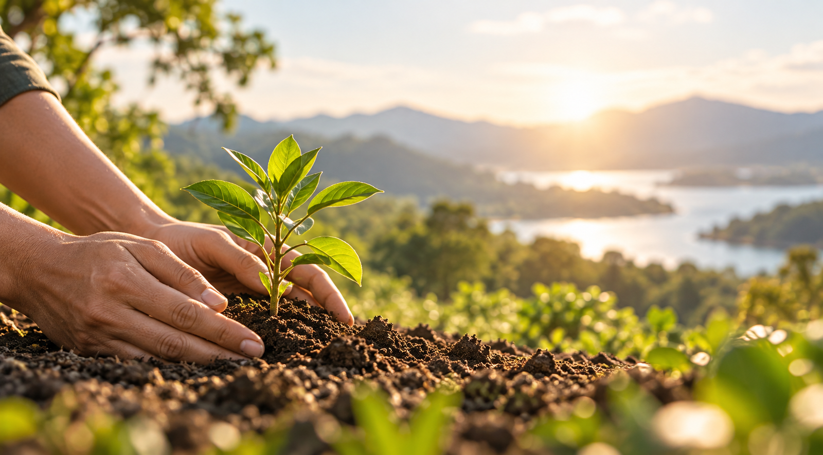 Mãos plantando uma muda diante de um lago e montanhas