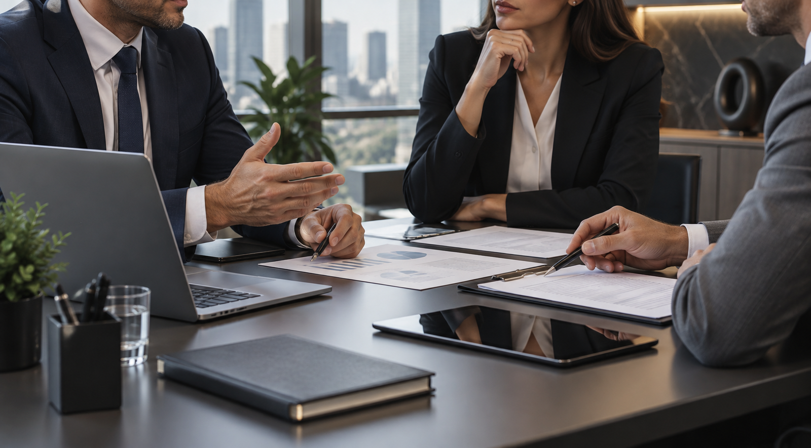Reunião de sócios em volta de documentos e um notebook