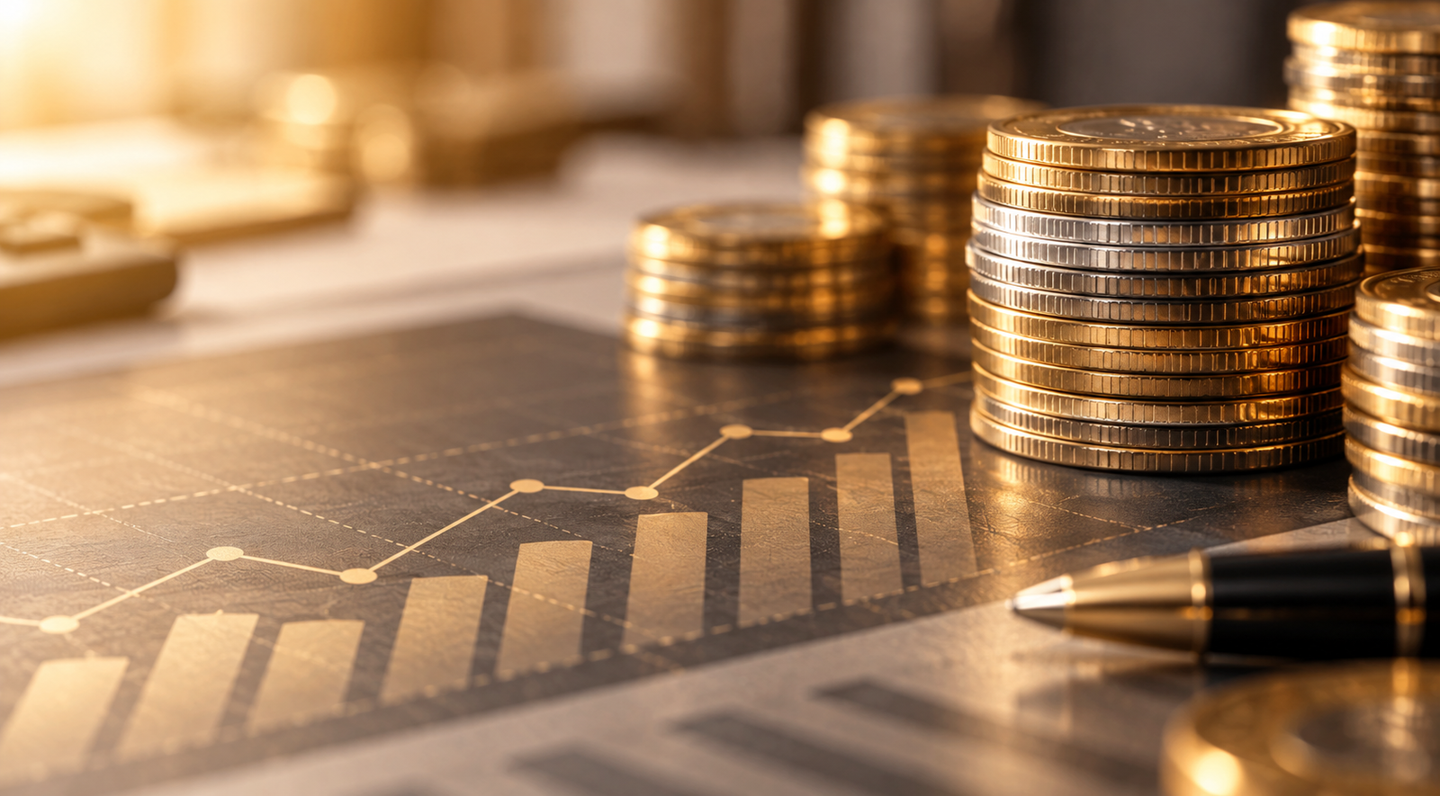 Moedas e gráfico sobre uma mesa